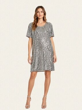 Norma Kamali Overlapping Sequin Short Sleeve Boxy Dress